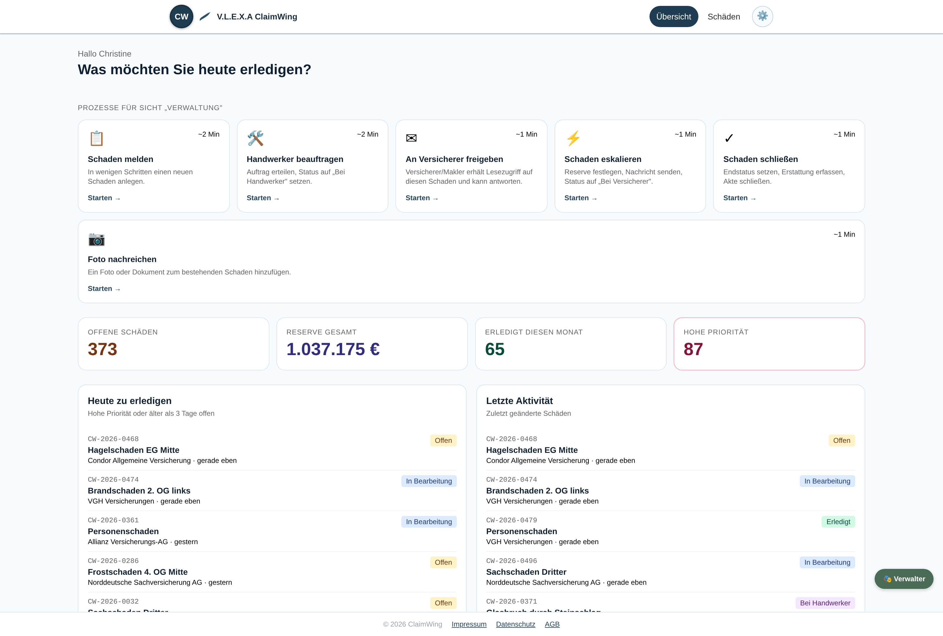 ClaimWing-Dashboard: Prozess-Übersicht mit Schnellaktionen und Kennzahlen